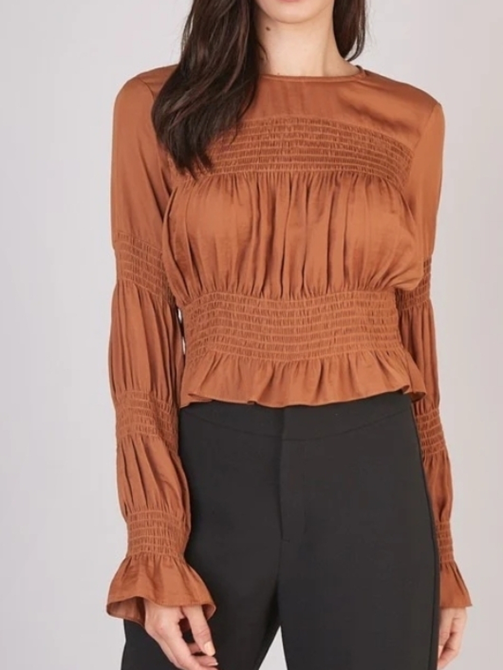Do+Be Crop Top Long Sleeve Ruffled Hem In Burnt Orange Womens S